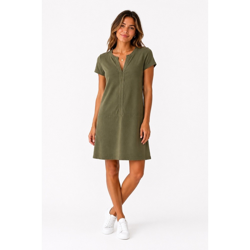 Tahari Large Olive Green Short Sleeve Shift Dress Split Neck Casual Vacation